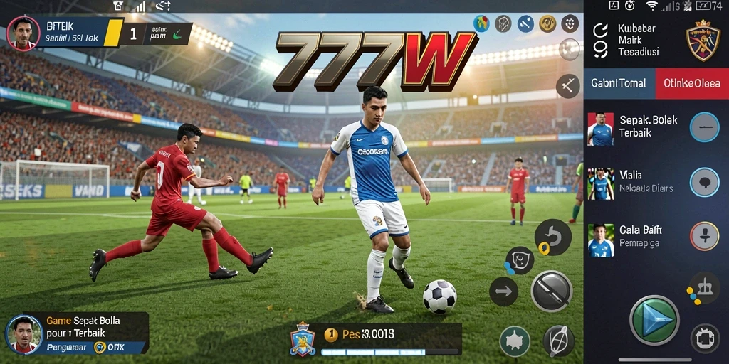 Screenshot utama <strong>7777W</strong> menggambarkan aksi seru di lapangan sepak bola.