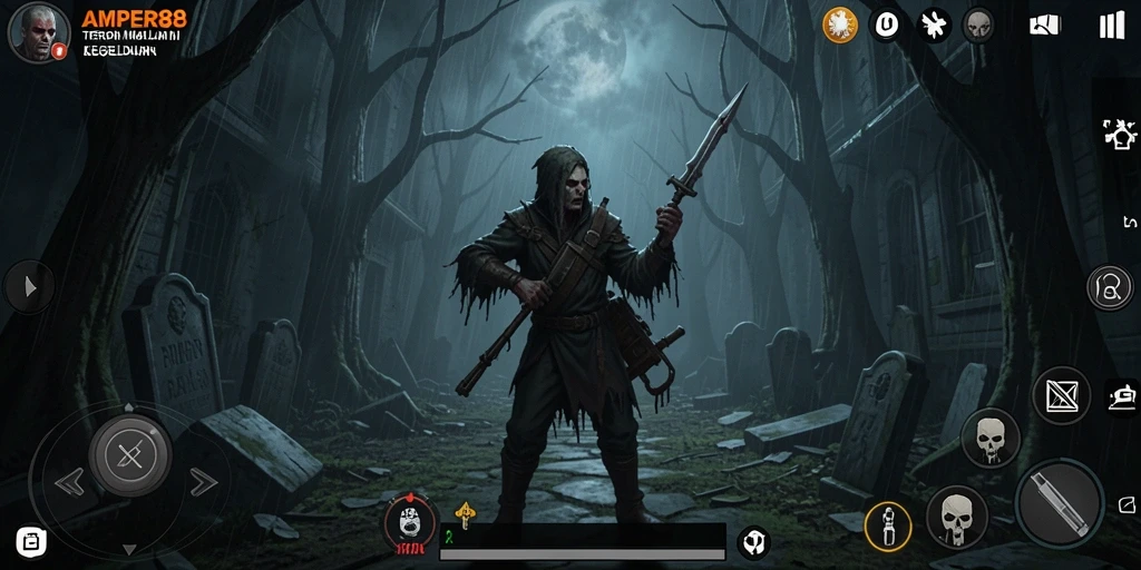 Screenshot gameplay AMPER88 menampilkan suasana mencekam dan seram.