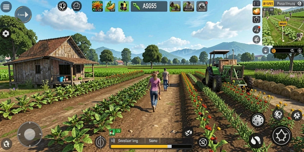 Tangkapan layar gameplay ASG55 yang menunjukkan aktivitas pertanian yang menyenangkan.