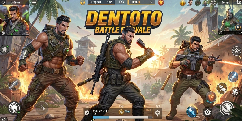 Screenshot DENTOTO menunjukkan pertempuran intense dalam Battle Royale.