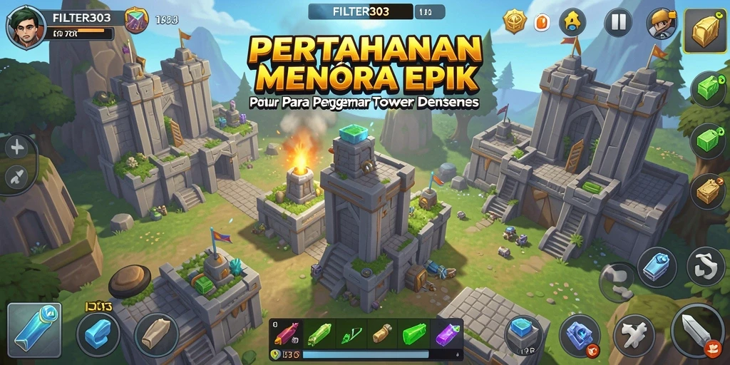 Tampilan gameplay FILTER303 dengan strategi menara bertahan.