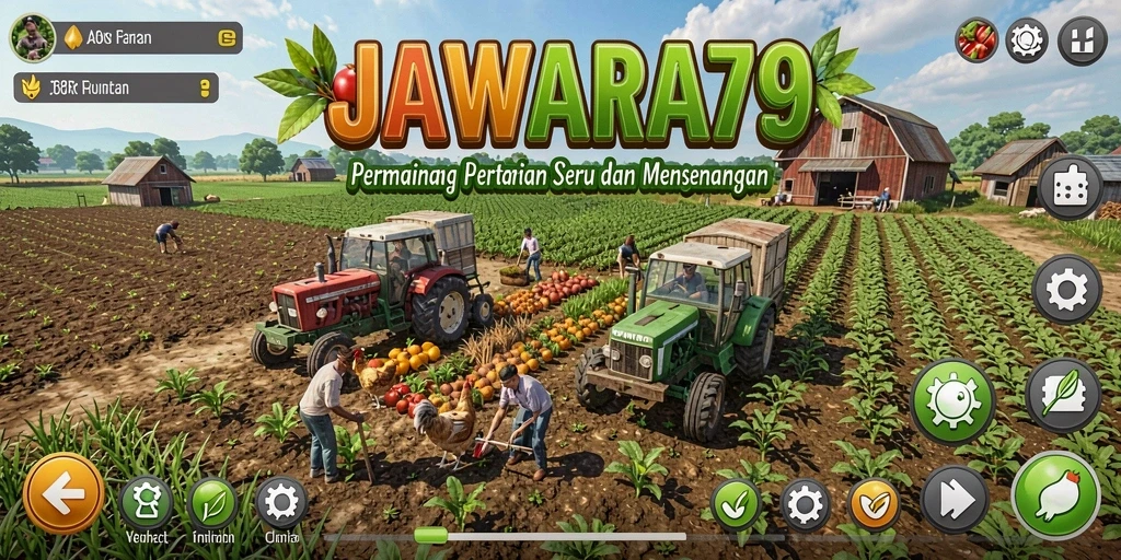 Tangkapan layar utama JAWARA79 menampilkan aktivitas bertani yang seru.