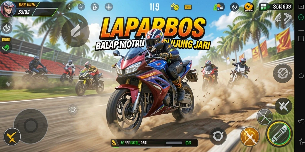 Gameplay seru LAPARBOS dengan balapan motor yang intens.
