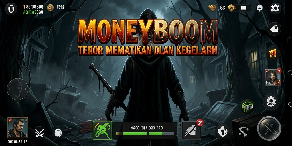 Screenshot gameplay MONEYBOOM menampilkan kegelapan dan ketegangan mencekam.