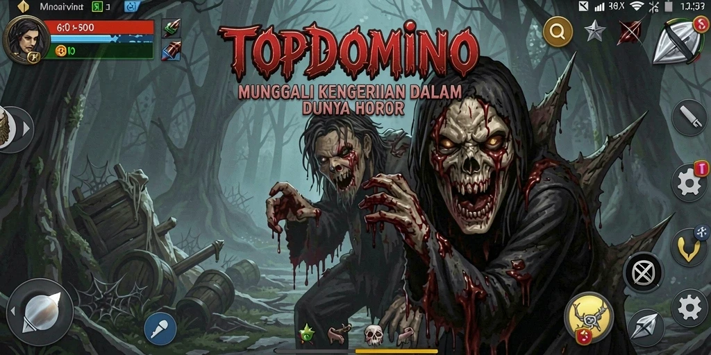 Screenshot utama TOPDOMINO menampilkan momen mencekam dalam gameplay Horor.